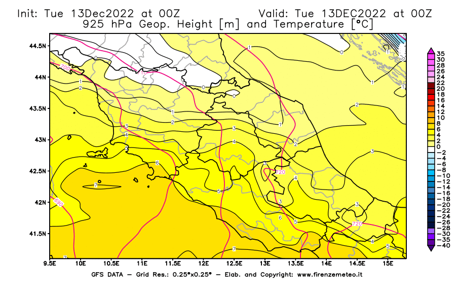 Mappa di analisi GFS - Geopotenziale [m] e Temperatura [°C] a 925 hPa in Centro-Italia
							del 13/12/2022 00 <!--googleoff: index-->UTC<!--googleon: index-->