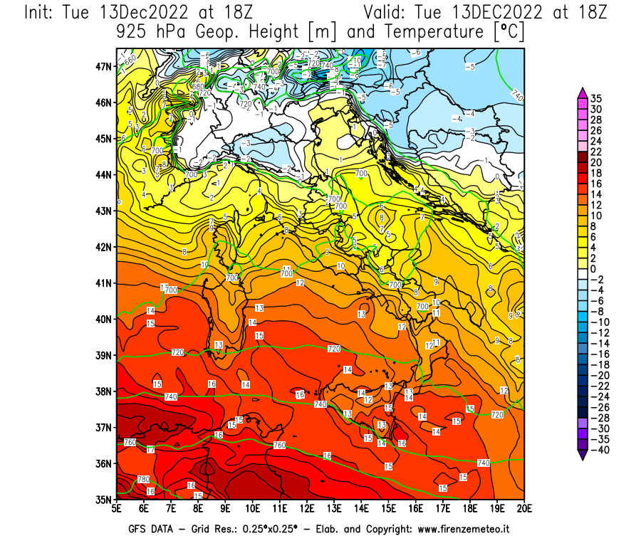 Mappa di analisi GFS - Geopotenziale [m] e Temperatura [°C] a 925 hPa in Italia
							del 13/12/2022 18 <!--googleoff: index-->UTC<!--googleon: index-->