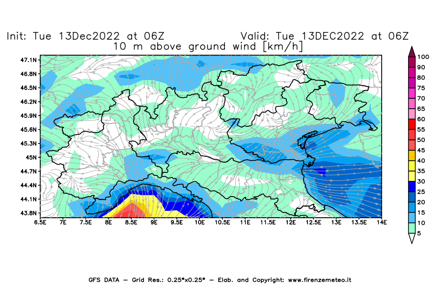 Mappa di analisi GFS - Velocità del vento a 10 metri dal suolo [km/h] in Nord-Italia
							del 13/12/2022 06 <!--googleoff: index-->UTC<!--googleon: index-->
