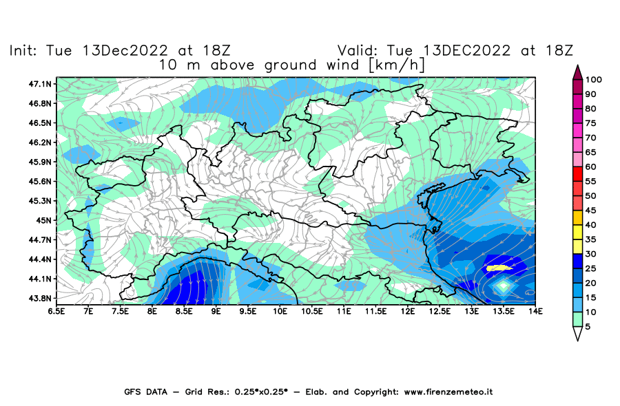 Mappa di analisi GFS - Velocità del vento a 10 metri dal suolo [km/h] in Nord-Italia
							del 13/12/2022 18 <!--googleoff: index-->UTC<!--googleon: index-->