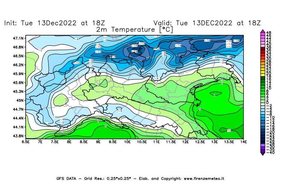 Mappa di analisi GFS - Temperatura a 2 metri dal suolo [°C] in Nord-Italia
							del 13/12/2022 18 <!--googleoff: index-->UTC<!--googleon: index-->