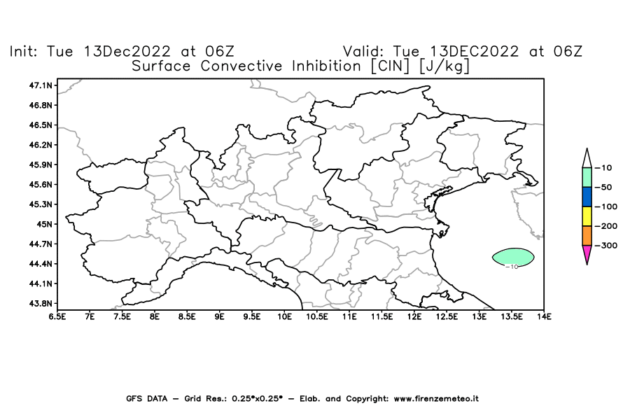 Mappa di analisi GFS - CIN [J/kg] in Nord-Italia
							del 13/12/2022 06 <!--googleoff: index-->UTC<!--googleon: index-->