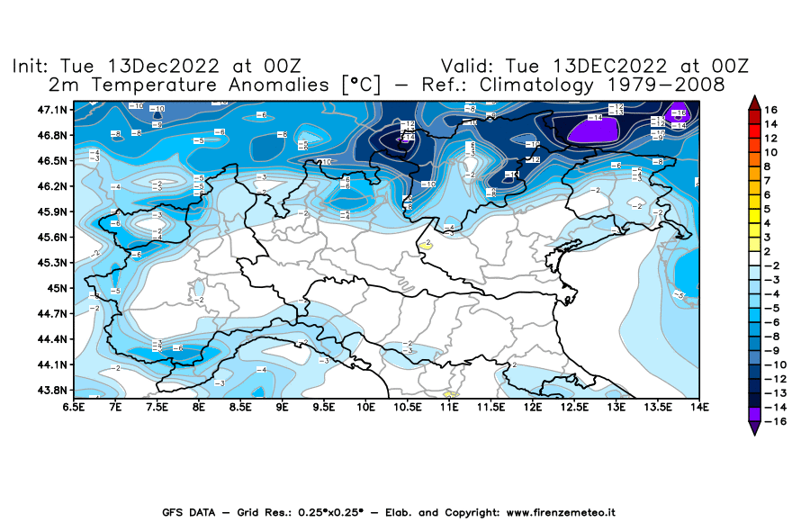 Mappa di analisi GFS - Anomalia Temperatura [°C] a 2 m in Nord-Italia
							del 13/12/2022 00 <!--googleoff: index-->UTC<!--googleon: index-->