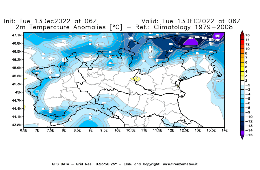 Mappa di analisi GFS - Anomalia Temperatura [°C] a 2 m in Nord-Italia
							del 13/12/2022 06 <!--googleoff: index-->UTC<!--googleon: index-->