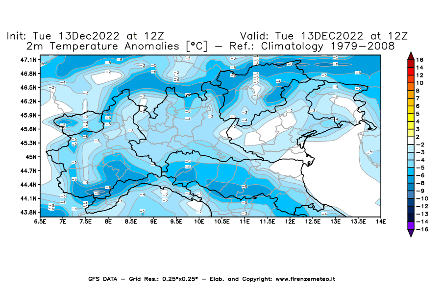 Mappa di analisi GFS - Anomalia Temperatura [°C] a 2 m in Nord-Italia
							del 13/12/2022 12 <!--googleoff: index-->UTC<!--googleon: index-->