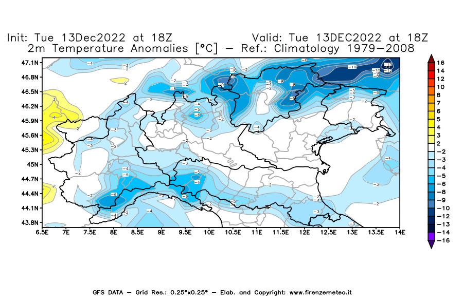 Mappa di analisi GFS - Anomalia Temperatura [°C] a 2 m in Nord-Italia
							del 13/12/2022 18 <!--googleoff: index-->UTC<!--googleon: index-->