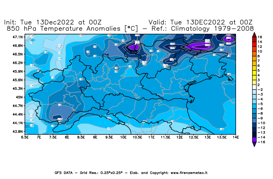Mappa di analisi GFS - Anomalia Temperatura [°C] a 850 hPa in Nord-Italia
							del 13/12/2022 00 <!--googleoff: index-->UTC<!--googleon: index-->
