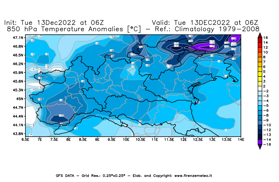 Mappa di analisi GFS - Anomalia Temperatura [°C] a 850 hPa in Nord-Italia
							del 13/12/2022 06 <!--googleoff: index-->UTC<!--googleon: index-->