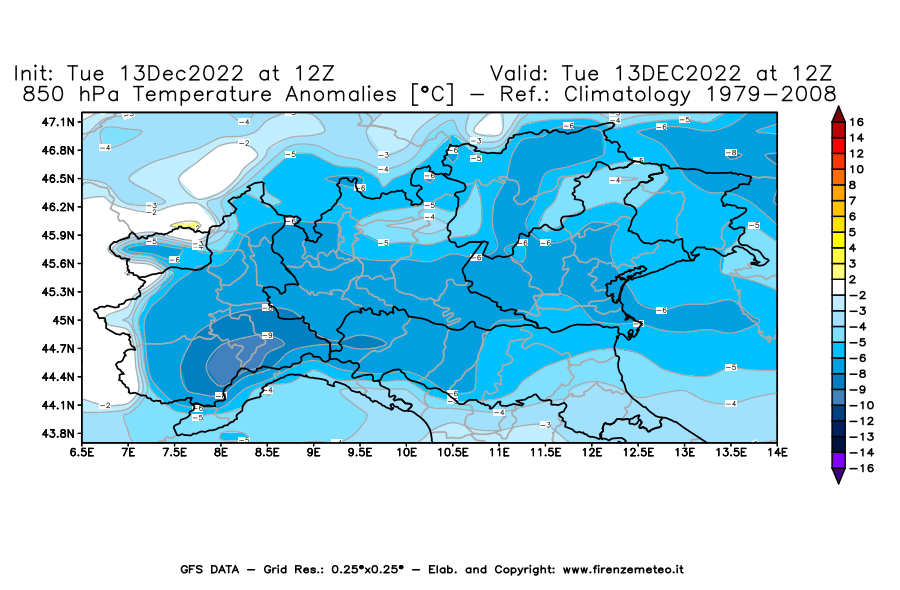 Mappa di analisi GFS - Anomalia Temperatura [°C] a 850 hPa in Nord-Italia
							del 13/12/2022 12 <!--googleoff: index-->UTC<!--googleon: index-->