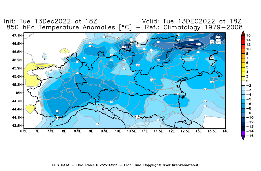 Mappa di analisi GFS - Anomalia Temperatura [°C] a 850 hPa in Nord-Italia
							del 13/12/2022 18 <!--googleoff: index-->UTC<!--googleon: index-->