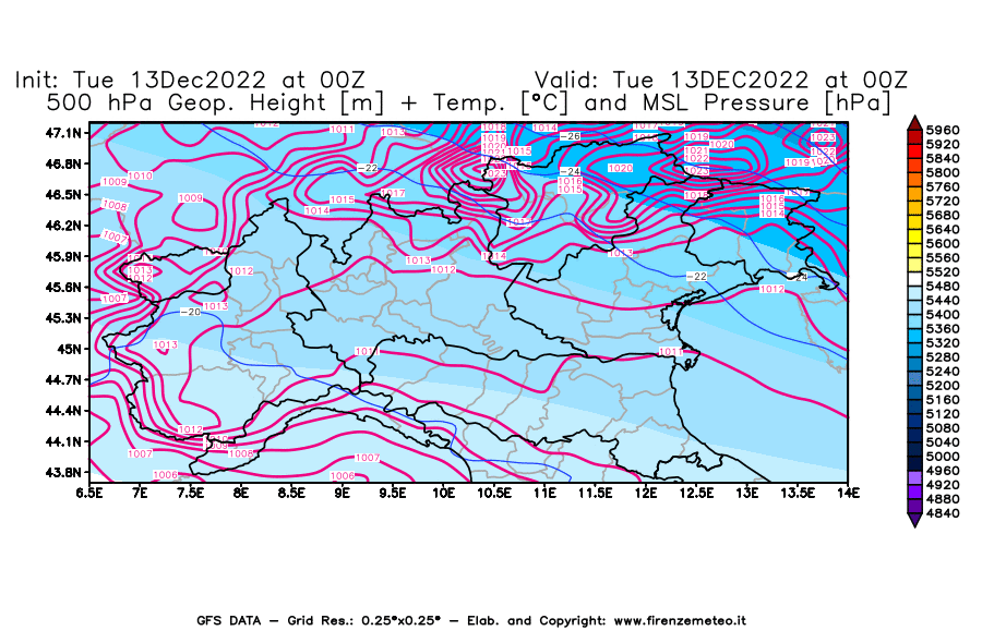 Mappa di analisi GFS - Geopotenziale [m] + Temp. [°C] a 500 hPa + Press. a livello del mare [hPa] in Nord-Italia
							del 13/12/2022 00 <!--googleoff: index-->UTC<!--googleon: index-->