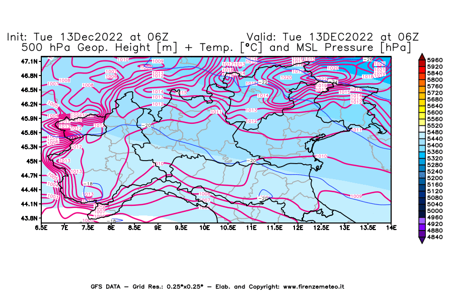 Mappa di analisi GFS - Geopotenziale [m] + Temp. [°C] a 500 hPa + Press. a livello del mare [hPa] in Nord-Italia
							del 13/12/2022 06 <!--googleoff: index-->UTC<!--googleon: index-->
