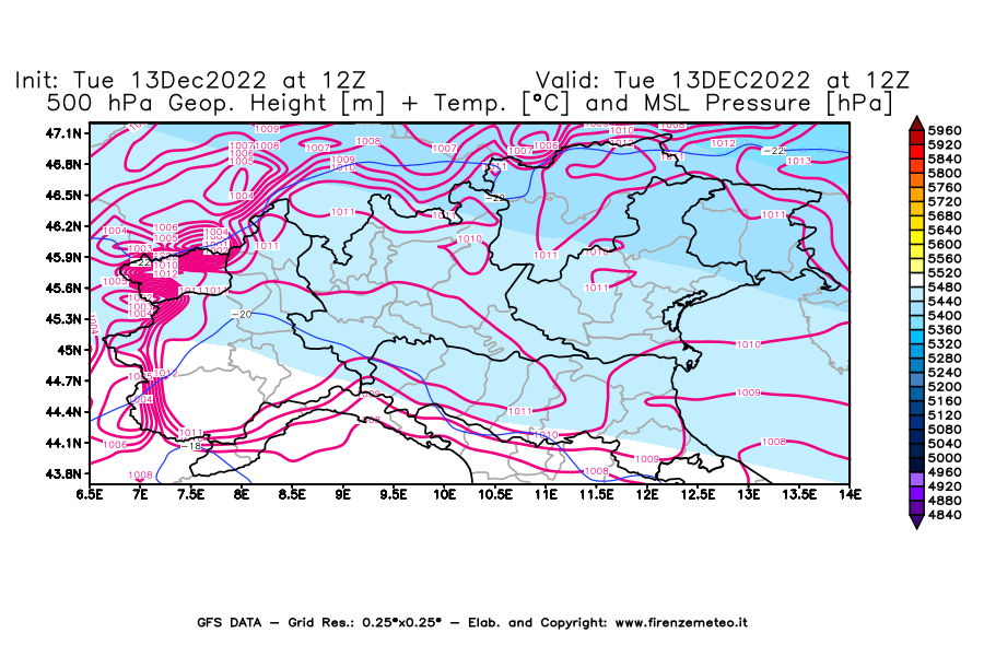Mappa di analisi GFS - Geopotenziale [m] + Temp. [°C] a 500 hPa + Press. a livello del mare [hPa] in Nord-Italia
							del 13/12/2022 12 <!--googleoff: index-->UTC<!--googleon: index-->