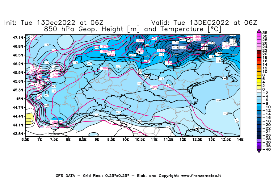 Mappa di analisi GFS - Geopotenziale [m] e Temperatura [°C] a 850 hPa in Nord-Italia
							del 13/12/2022 06 <!--googleoff: index-->UTC<!--googleon: index-->