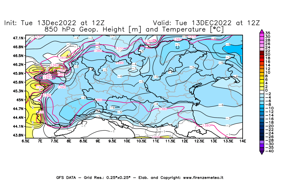 Mappa di analisi GFS - Geopotenziale [m] e Temperatura [°C] a 850 hPa in Nord-Italia
							del 13/12/2022 12 <!--googleoff: index-->UTC<!--googleon: index-->