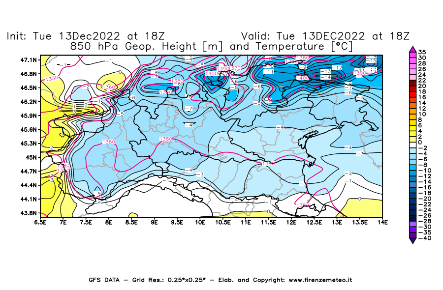 Mappa di analisi GFS - Geopotenziale [m] e Temperatura [°C] a 850 hPa in Nord-Italia
							del 13/12/2022 18 <!--googleoff: index-->UTC<!--googleon: index-->