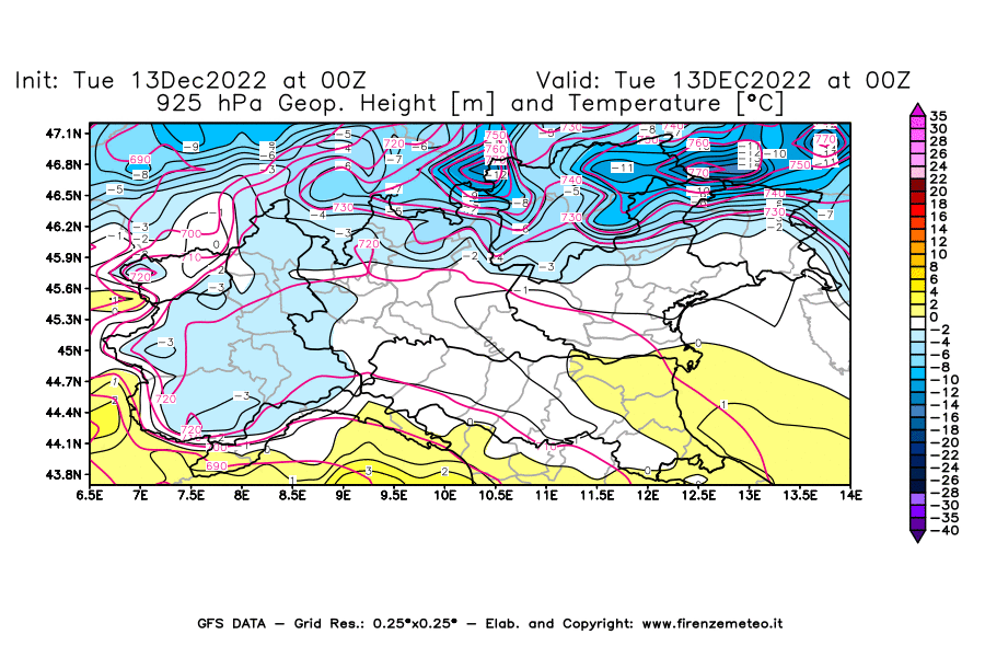Mappa di analisi GFS - Geopotenziale [m] e Temperatura [°C] a 925 hPa in Nord-Italia
							del 13/12/2022 00 <!--googleoff: index-->UTC<!--googleon: index-->