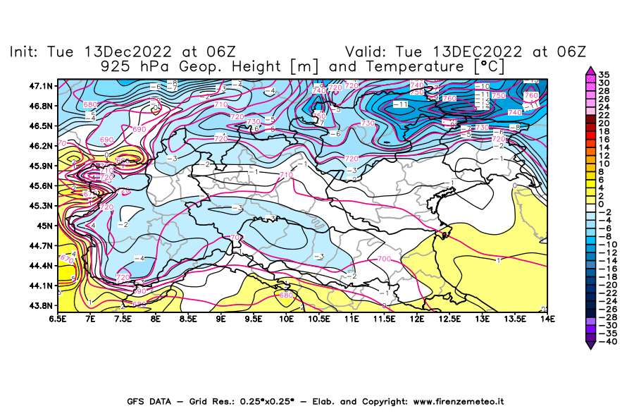 Mappa di analisi GFS - Geopotenziale [m] e Temperatura [°C] a 925 hPa in Nord-Italia
							del 13/12/2022 06 <!--googleoff: index-->UTC<!--googleon: index-->