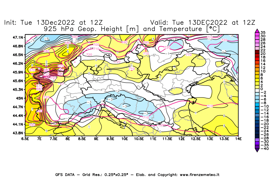 Mappa di analisi GFS - Geopotenziale [m] e Temperatura [°C] a 925 hPa in Nord-Italia
							del 13/12/2022 12 <!--googleoff: index-->UTC<!--googleon: index-->