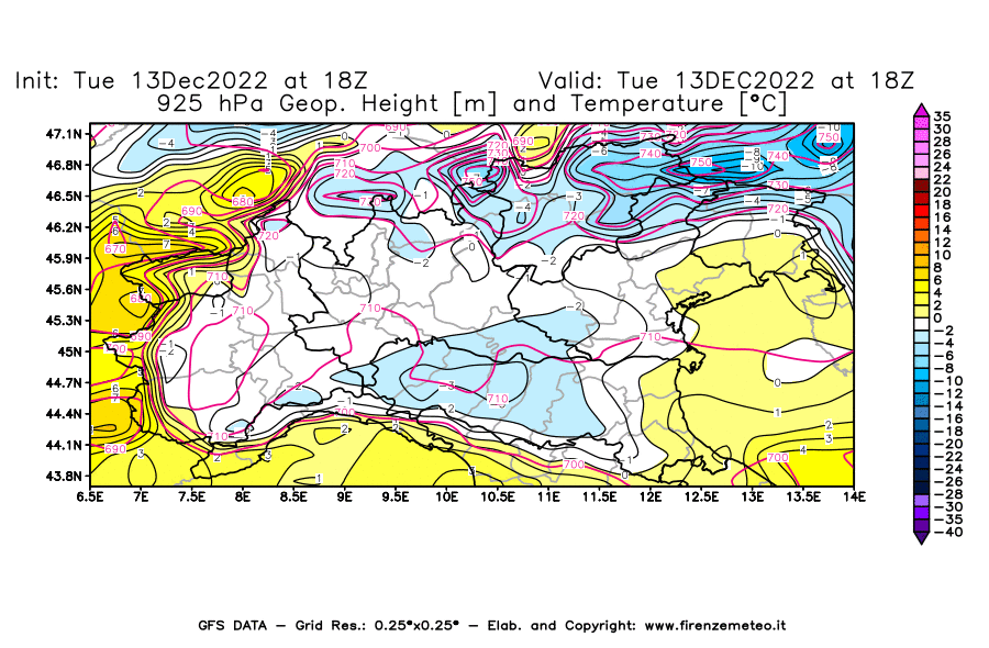Mappa di analisi GFS - Geopotenziale [m] e Temperatura [°C] a 925 hPa in Nord-Italia
							del 13/12/2022 18 <!--googleoff: index-->UTC<!--googleon: index-->