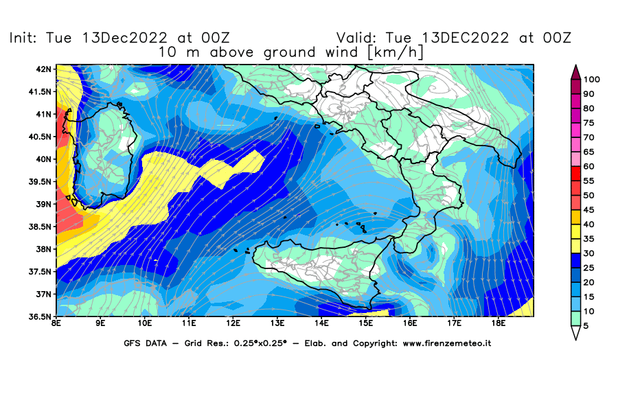 Mappa di analisi GFS - Velocità del vento a 10 metri dal suolo [km/h] in Sud-Italia
							del 13/12/2022 00 <!--googleoff: index-->UTC<!--googleon: index-->