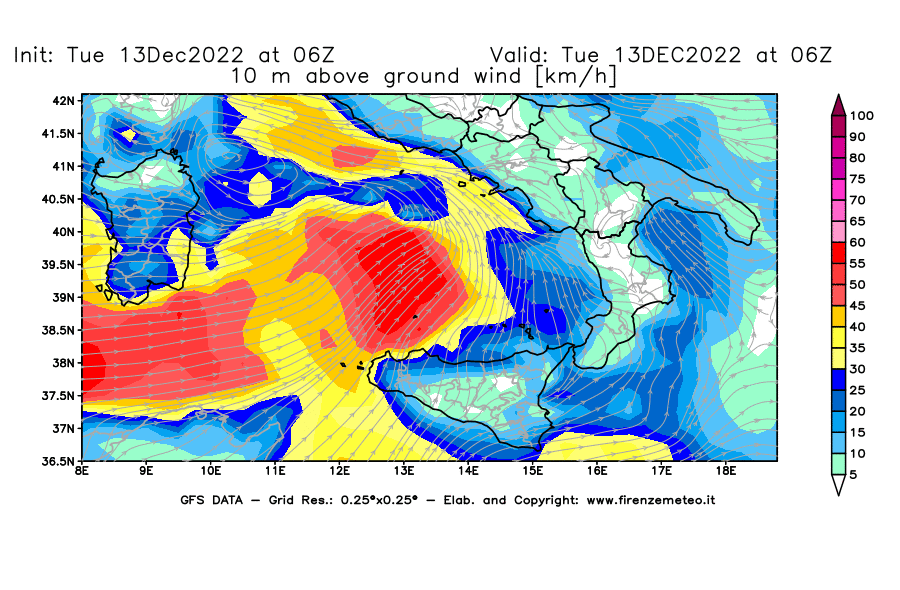 Mappa di analisi GFS - Velocità del vento a 10 metri dal suolo [km/h] in Sud-Italia
							del 13/12/2022 06 <!--googleoff: index-->UTC<!--googleon: index-->