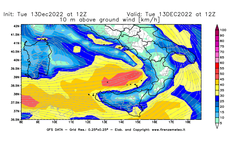 Mappa di analisi GFS - Velocità del vento a 10 metri dal suolo [km/h] in Sud-Italia
							del 13/12/2022 12 <!--googleoff: index-->UTC<!--googleon: index-->