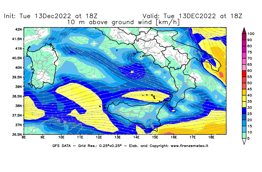 Mappa di analisi GFS - Velocità del vento a 10 metri dal suolo [km/h] in Sud-Italia
							del 13/12/2022 18 <!--googleoff: index-->UTC<!--googleon: index-->