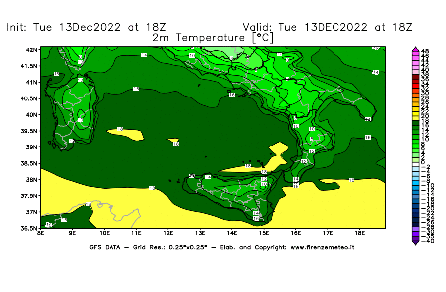 Mappa di analisi GFS - Temperatura a 2 metri dal suolo [°C] in Sud-Italia
							del 13/12/2022 18 <!--googleoff: index-->UTC<!--googleon: index-->
