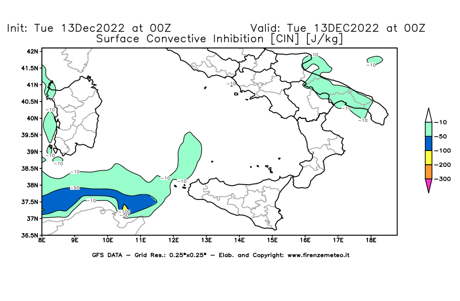 Mappa di analisi GFS - CIN [J/kg] in Sud-Italia
							del 13/12/2022 00 <!--googleoff: index-->UTC<!--googleon: index-->