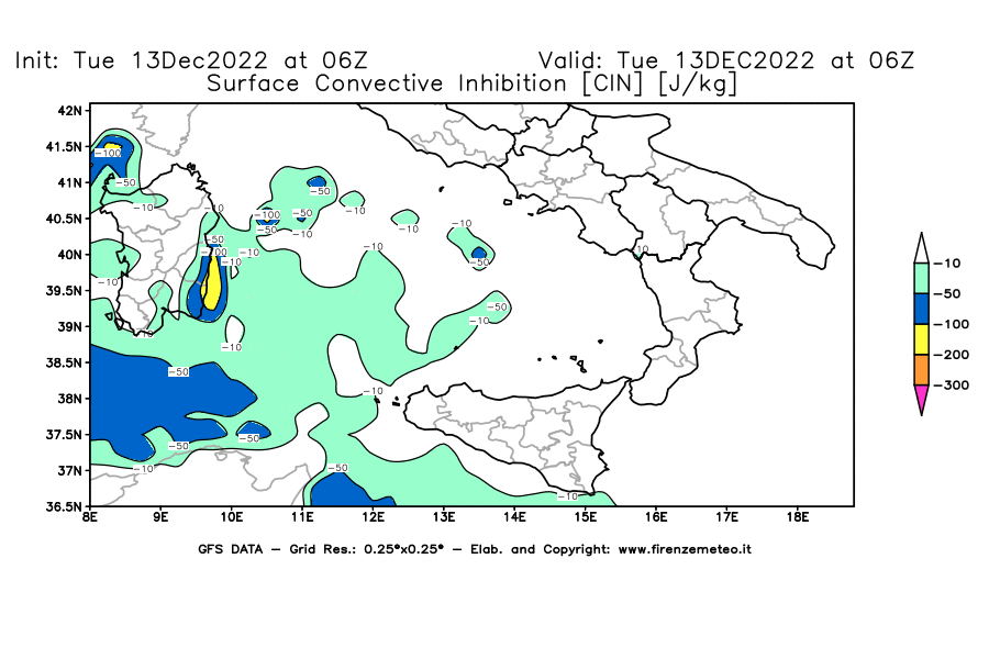 Mappa di analisi GFS - CIN [J/kg] in Sud-Italia
							del 13/12/2022 06 <!--googleoff: index-->UTC<!--googleon: index-->