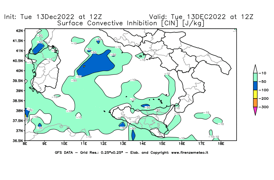 Mappa di analisi GFS - CIN [J/kg] in Sud-Italia
							del 13/12/2022 12 <!--googleoff: index-->UTC<!--googleon: index-->