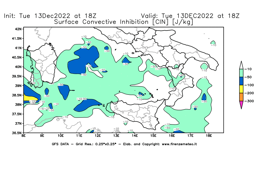 Mappa di analisi GFS - CIN [J/kg] in Sud-Italia
							del 13/12/2022 18 <!--googleoff: index-->UTC<!--googleon: index-->