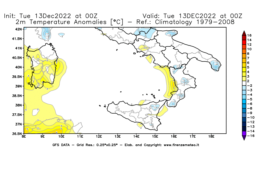 Mappa di analisi GFS - Anomalia Temperatura [°C] a 2 m in Sud-Italia
							del 13/12/2022 00 <!--googleoff: index-->UTC<!--googleon: index-->