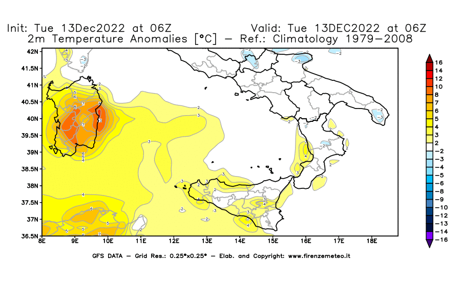 Mappa di analisi GFS - Anomalia Temperatura [°C] a 2 m in Sud-Italia
							del 13/12/2022 06 <!--googleoff: index-->UTC<!--googleon: index-->