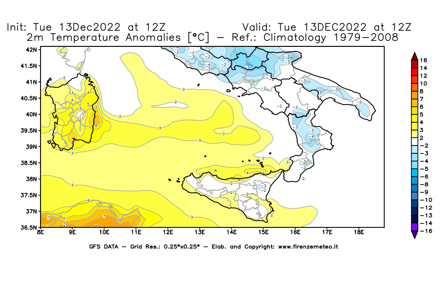 Mappa di analisi GFS - Anomalia Temperatura [°C] a 2 m in Sud-Italia
							del 13/12/2022 12 <!--googleoff: index-->UTC<!--googleon: index-->