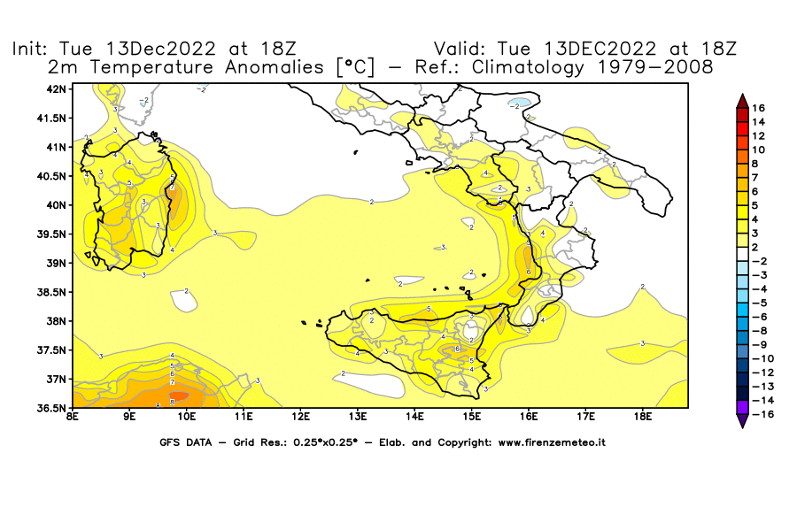 Mappa di analisi GFS - Anomalia Temperatura [°C] a 2 m in Sud-Italia
							del 13/12/2022 18 <!--googleoff: index-->UTC<!--googleon: index-->