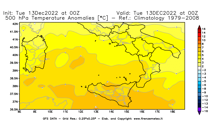 Mappa di analisi GFS - Anomalia Temperatura [°C] a 500 hPa in Sud-Italia
							del 13/12/2022 00 <!--googleoff: index-->UTC<!--googleon: index-->