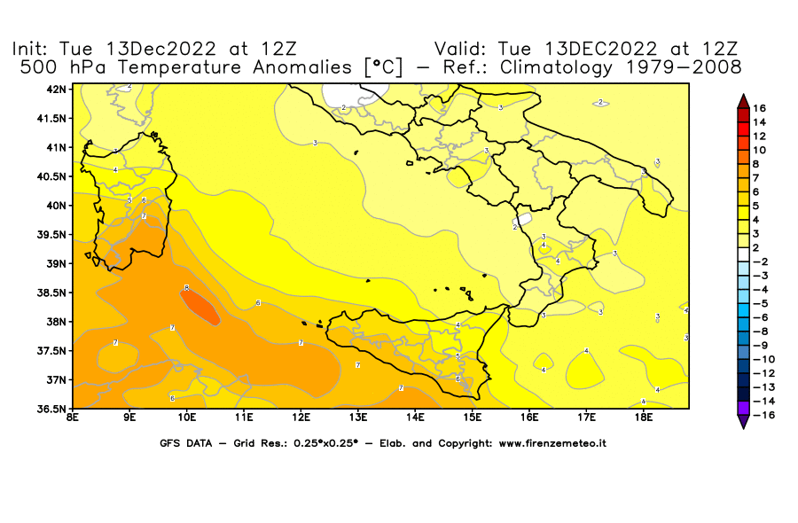 Mappa di analisi GFS - Anomalia Temperatura [°C] a 500 hPa in Sud-Italia
							del 13/12/2022 12 <!--googleoff: index-->UTC<!--googleon: index-->