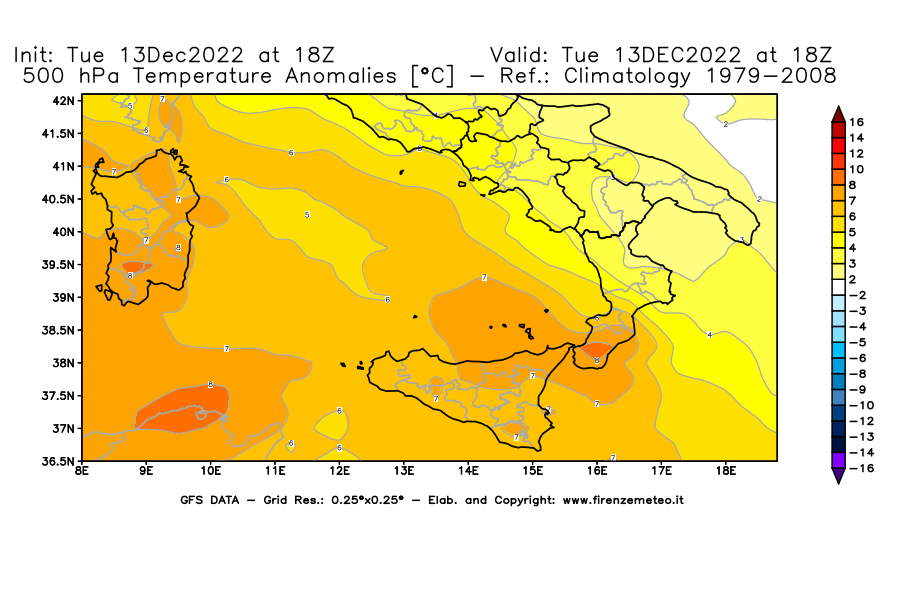 Mappa di analisi GFS - Anomalia Temperatura [°C] a 500 hPa in Sud-Italia
							del 13/12/2022 18 <!--googleoff: index-->UTC<!--googleon: index-->