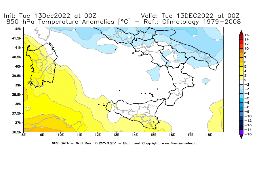 Mappa di analisi GFS - Anomalia Temperatura [°C] a 850 hPa in Sud-Italia
							del 13/12/2022 00 <!--googleoff: index-->UTC<!--googleon: index-->