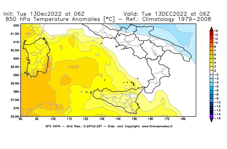 Mappa di analisi GFS - Anomalia Temperatura [°C] a 850 hPa in Sud-Italia
							del 13/12/2022 06 <!--googleoff: index-->UTC<!--googleon: index-->