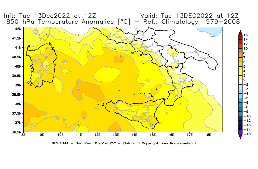 Mappa di analisi GFS - Anomalia Temperatura [°C] a 850 hPa in Sud-Italia
							del 13/12/2022 12 <!--googleoff: index-->UTC<!--googleon: index-->