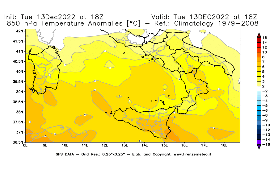 Mappa di analisi GFS - Anomalia Temperatura [°C] a 850 hPa in Sud-Italia
							del 13/12/2022 18 <!--googleoff: index-->UTC<!--googleon: index-->