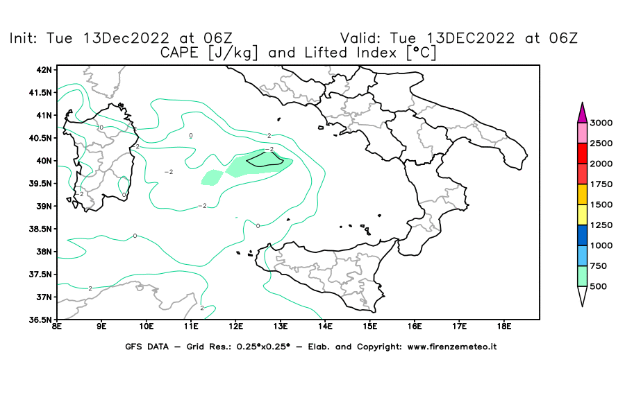 Mappa di analisi GFS - CAPE [J/kg] e Lifted Index [°C] in Sud-Italia
							del 13/12/2022 06 <!--googleoff: index-->UTC<!--googleon: index-->