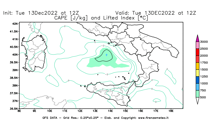 Mappa di analisi GFS - CAPE [J/kg] e Lifted Index [°C] in Sud-Italia
							del 13/12/2022 12 <!--googleoff: index-->UTC<!--googleon: index-->
