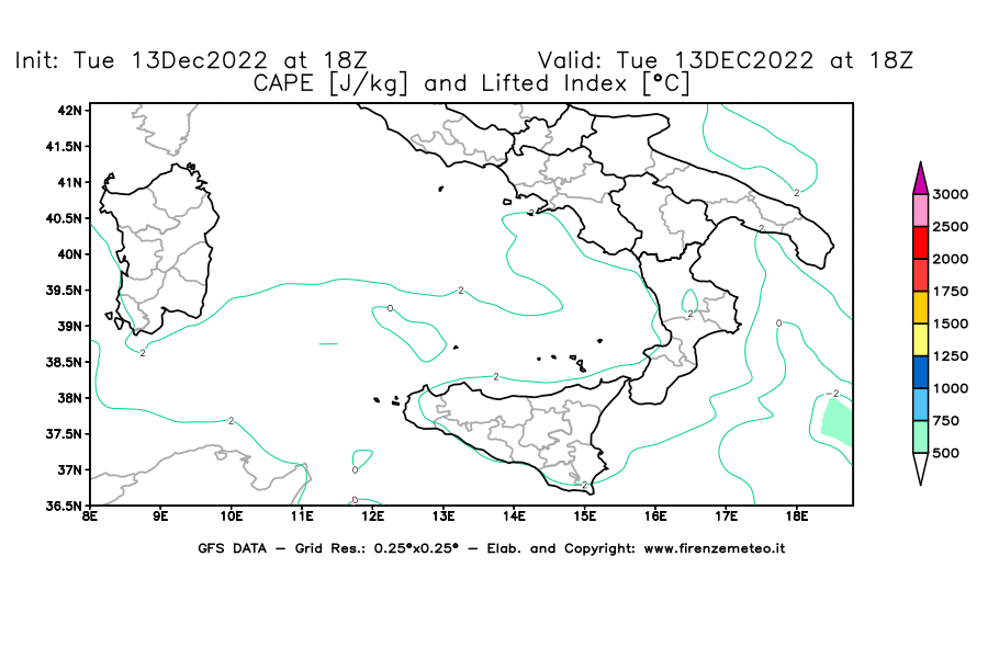 Mappa di analisi GFS - CAPE [J/kg] e Lifted Index [°C] in Sud-Italia
							del 13/12/2022 18 <!--googleoff: index-->UTC<!--googleon: index-->