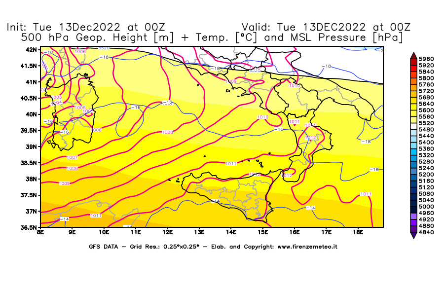 Mappa di analisi GFS - Geopotenziale [m] + Temp. [°C] a 500 hPa + Press. a livello del mare [hPa] in Sud-Italia
							del 13/12/2022 00 <!--googleoff: index-->UTC<!--googleon: index-->