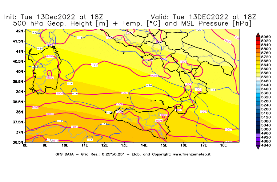 Mappa di analisi GFS - Geopotenziale [m] + Temp. [°C] a 500 hPa + Press. a livello del mare [hPa] in Sud-Italia
							del 13/12/2022 18 <!--googleoff: index-->UTC<!--googleon: index-->