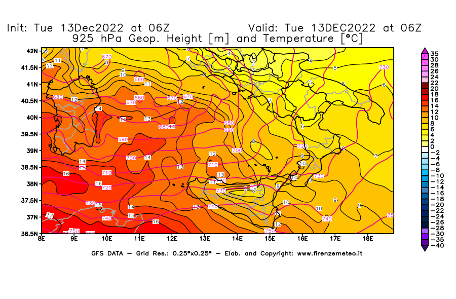 Mappa di analisi GFS - Geopotenziale [m] e Temperatura [°C] a 925 hPa in Sud-Italia
							del 13/12/2022 06 <!--googleoff: index-->UTC<!--googleon: index-->